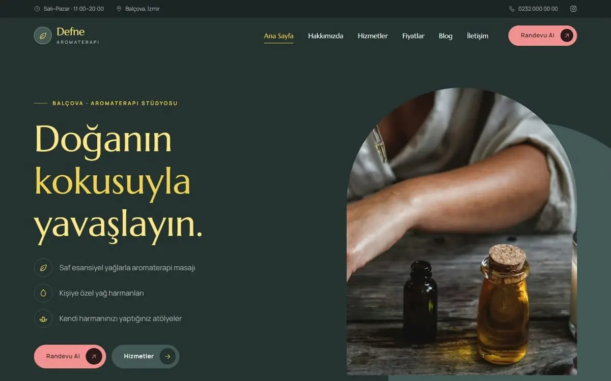 Defne Aromaterapi (Soma) konsept aromaterapi web sitesinin açılış ekranı