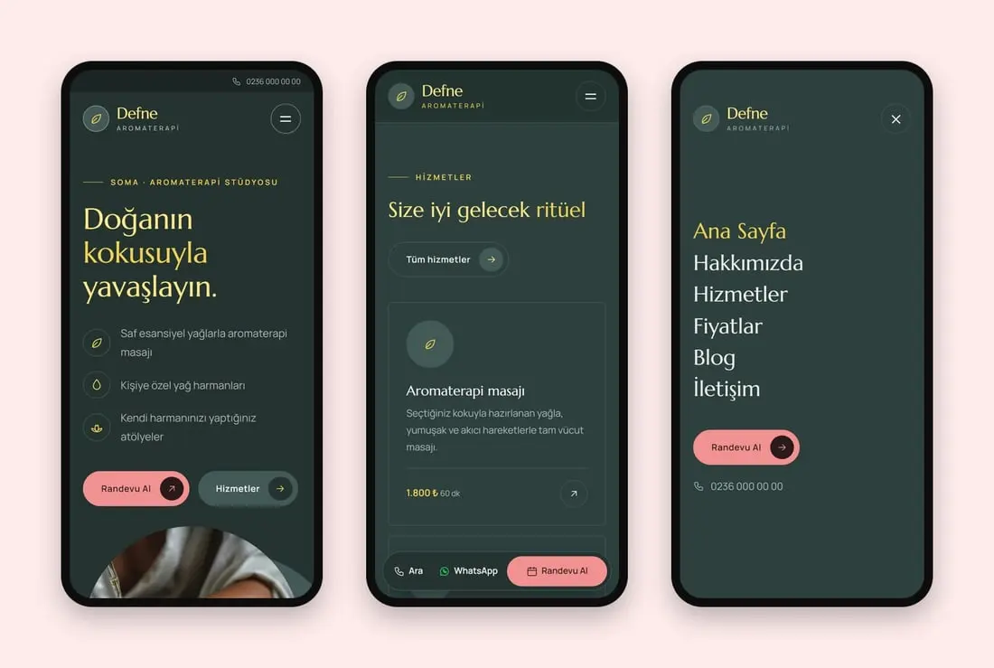 Defne Aromaterapi (Soma) konsept sitesinin telefondaki hâli