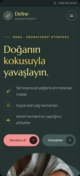 Aromaterapi için konsept web sitesi: Defne Aromaterapi, telefon görünümü