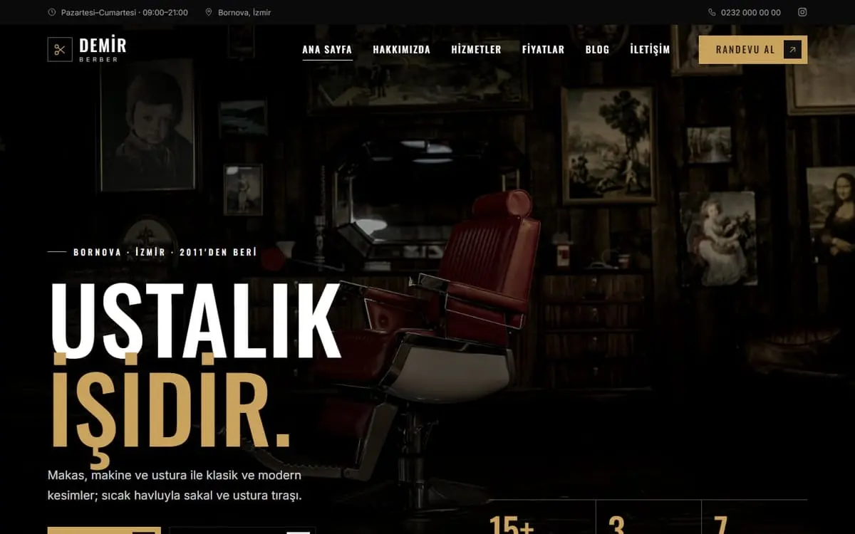 Demir Berber konsept web sitesi, bilgisayar görünümü