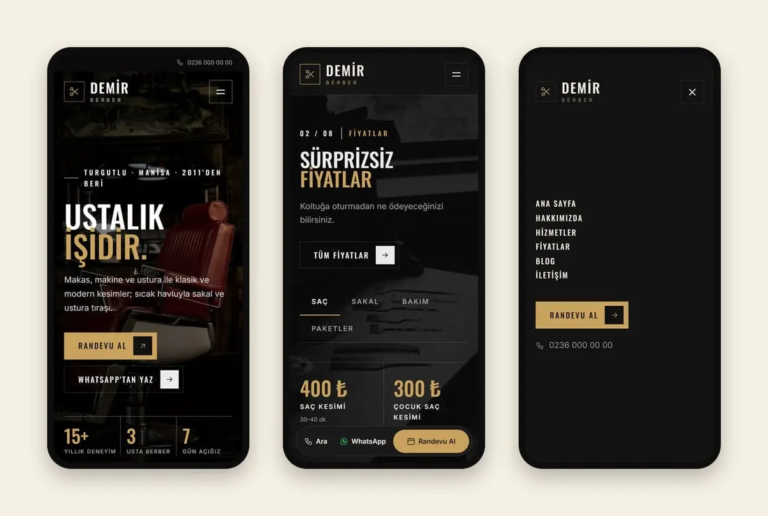 Demir Berber (Turgutlu) konsept sitesinin telefondaki hâli