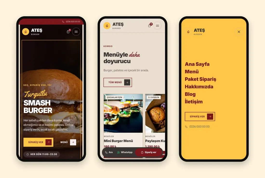 Ateş Burger (Turgutlu) konsept sitesinin telefondaki hâli
