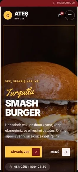 Burger için konsept web sitesi: Ateş Burger, telefon görünümü