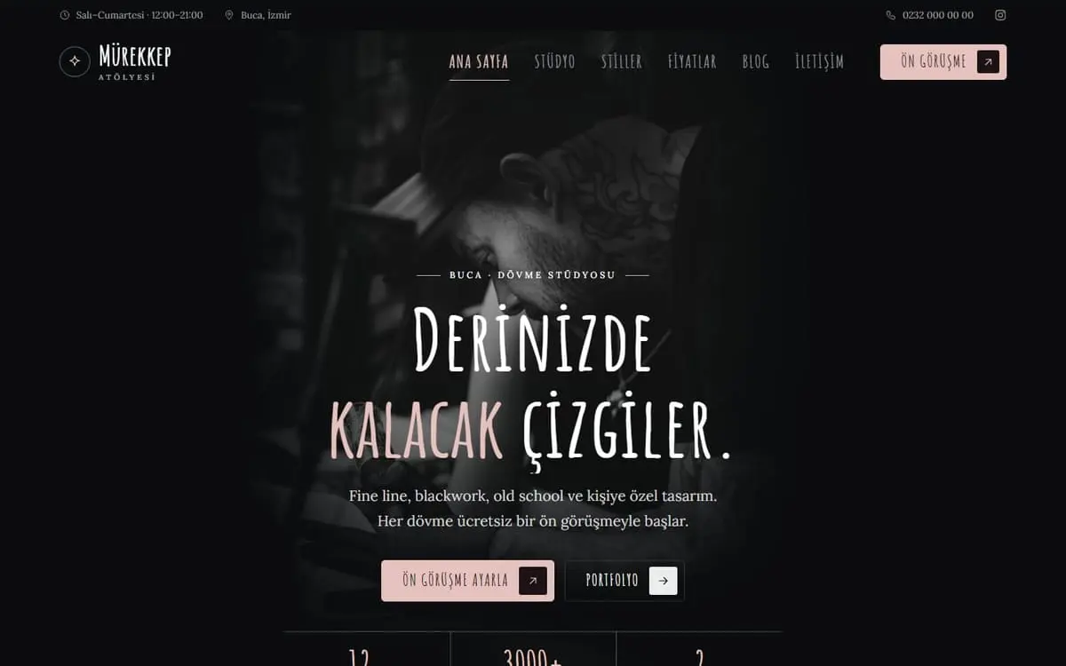 Mürekkep Atölyesi (Soma) konsept dövme stüdyosu web sitesinin açılış ekranı