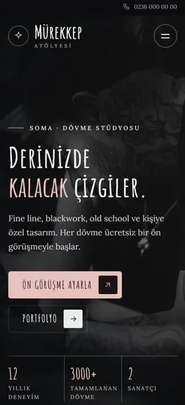 Dövme stüdyosu için konsept web sitesi: Mürekkep Atölyesi, telefon görünümü