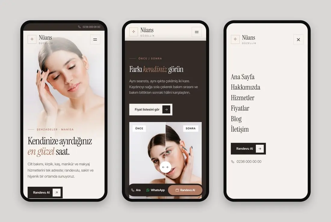 Nüans Güzellik (Şehzadeler) konsept sitesinin telefondaki hâli