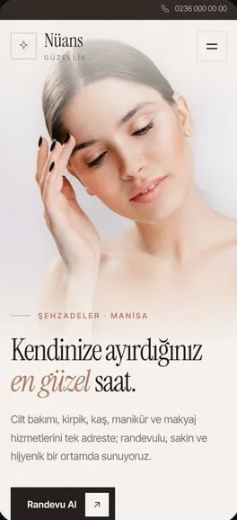 Güzellik salonu için konsept web sitesi: Nüans Güzellik, telefon görünümü
