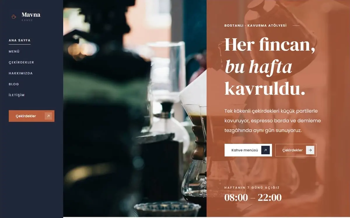 Mavna Kahve konsept web sitesi, bilgisayar görünümü
