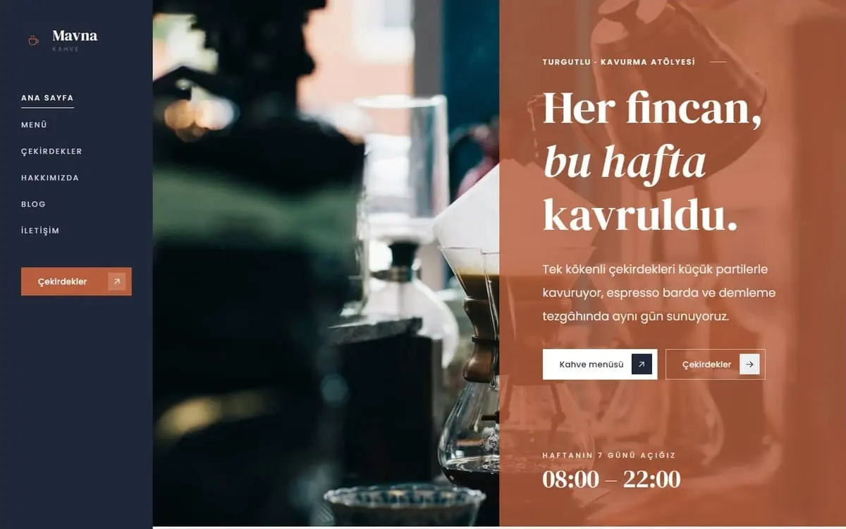 Mavna Kahve konsept web sitesi, bilgisayar görünümü