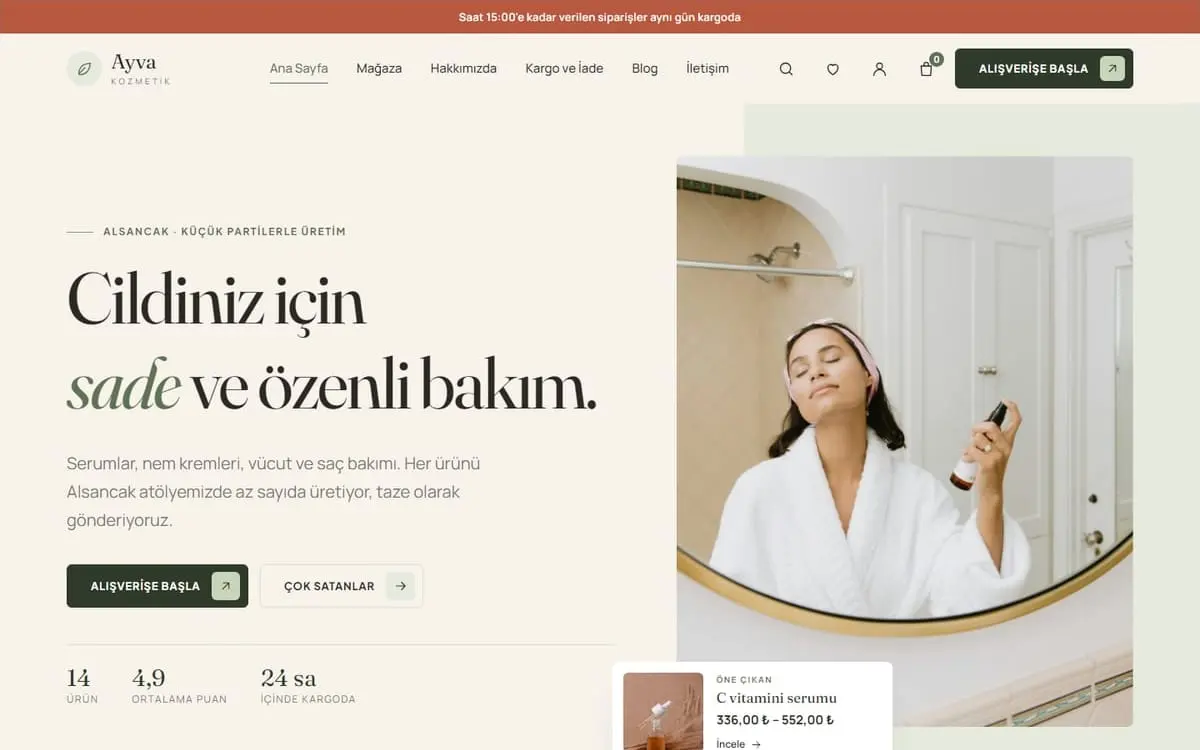Ayva Kozmetik konsept web sitesi, bilgisayar görünümü