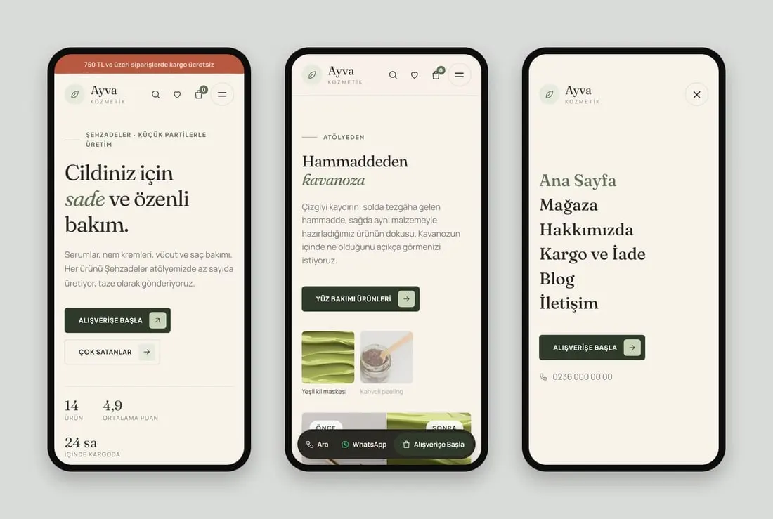 Ayva Kozmetik (Şehzadeler) konsept sitesinin telefondaki hâli