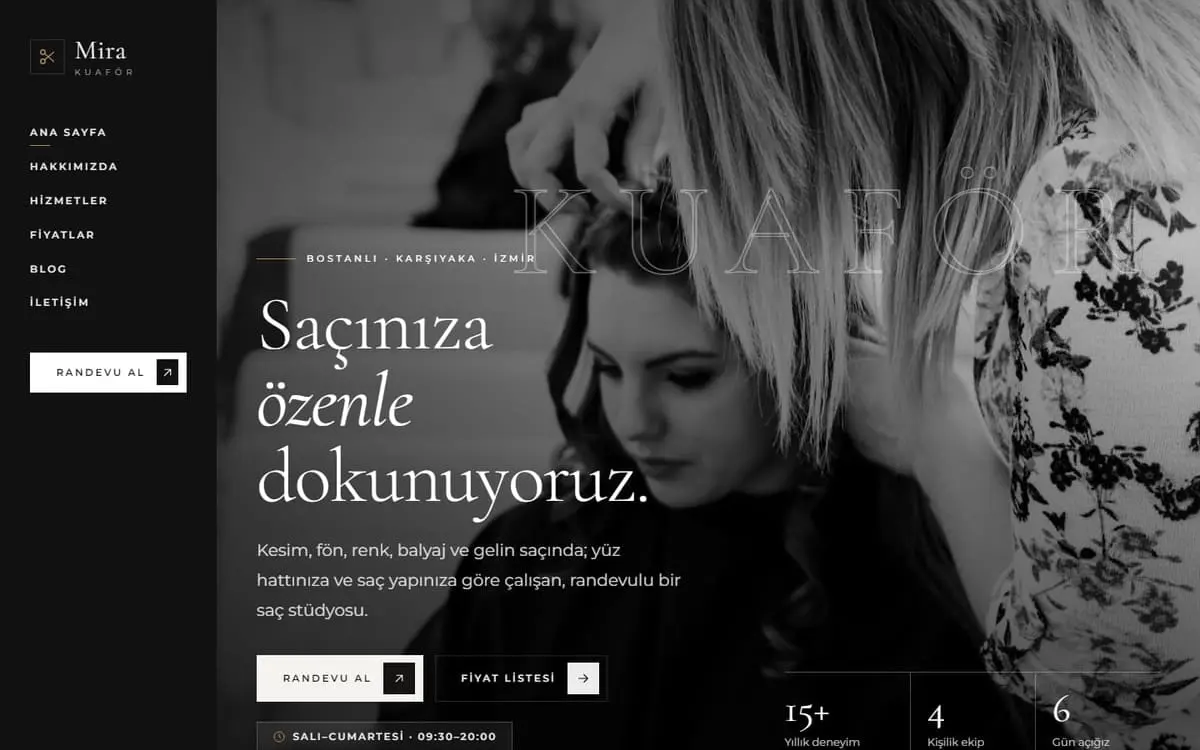 Mira Kuaför konsept web sitesi, bilgisayar görünümü