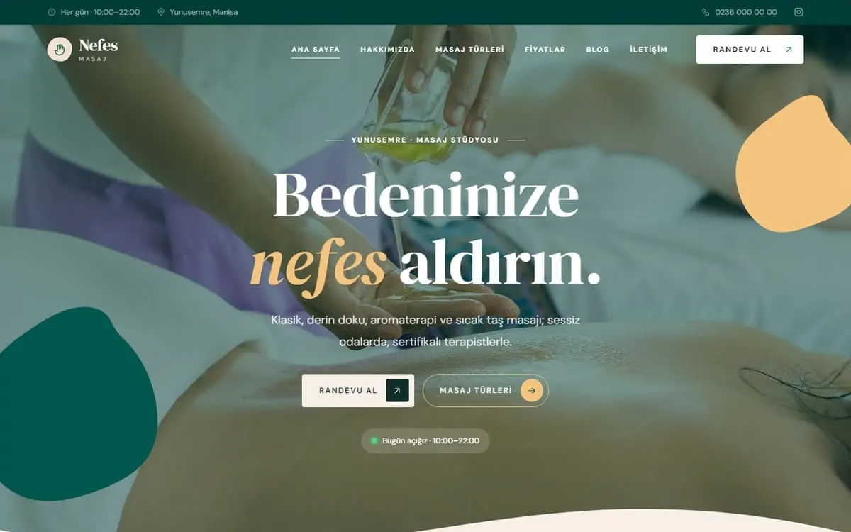 Nefes Masaj (Yunusemre) konsept masaj web sitesinin açılış ekranı