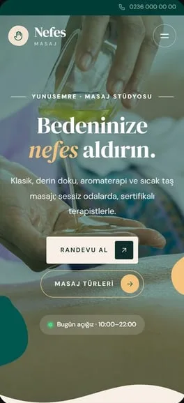 Masaj için konsept web sitesi: Nefes Masaj, telefon görünümü