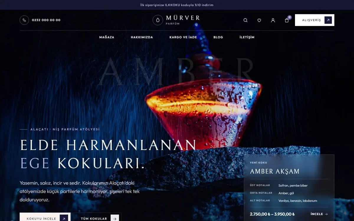 Mürver Parfüm (Şehzadeler) konsept parfüm web sitesinin açılış ekranı