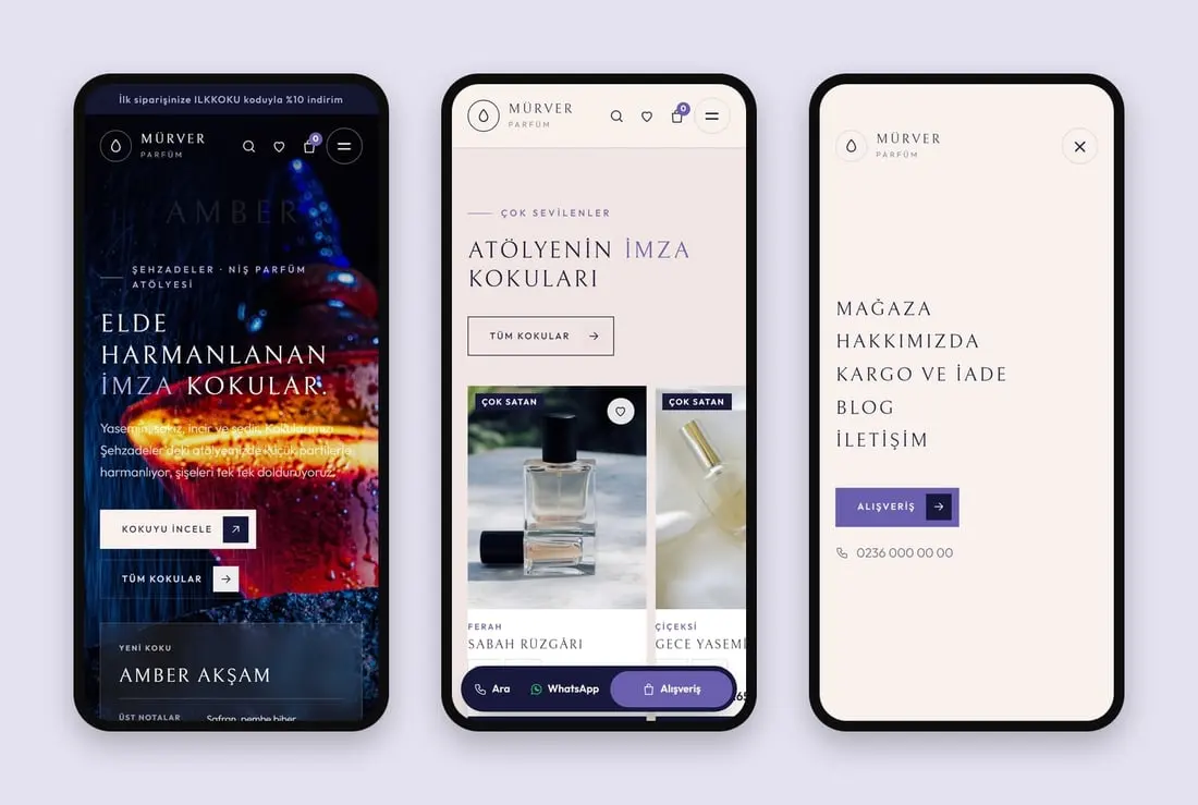 Mürver Parfüm (Şehzadeler) konsept sitesinin telefondaki hâli
