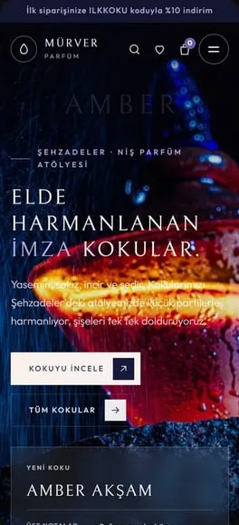 Parfüm için konsept web sitesi: Mürver Parfüm, telefon görünümü