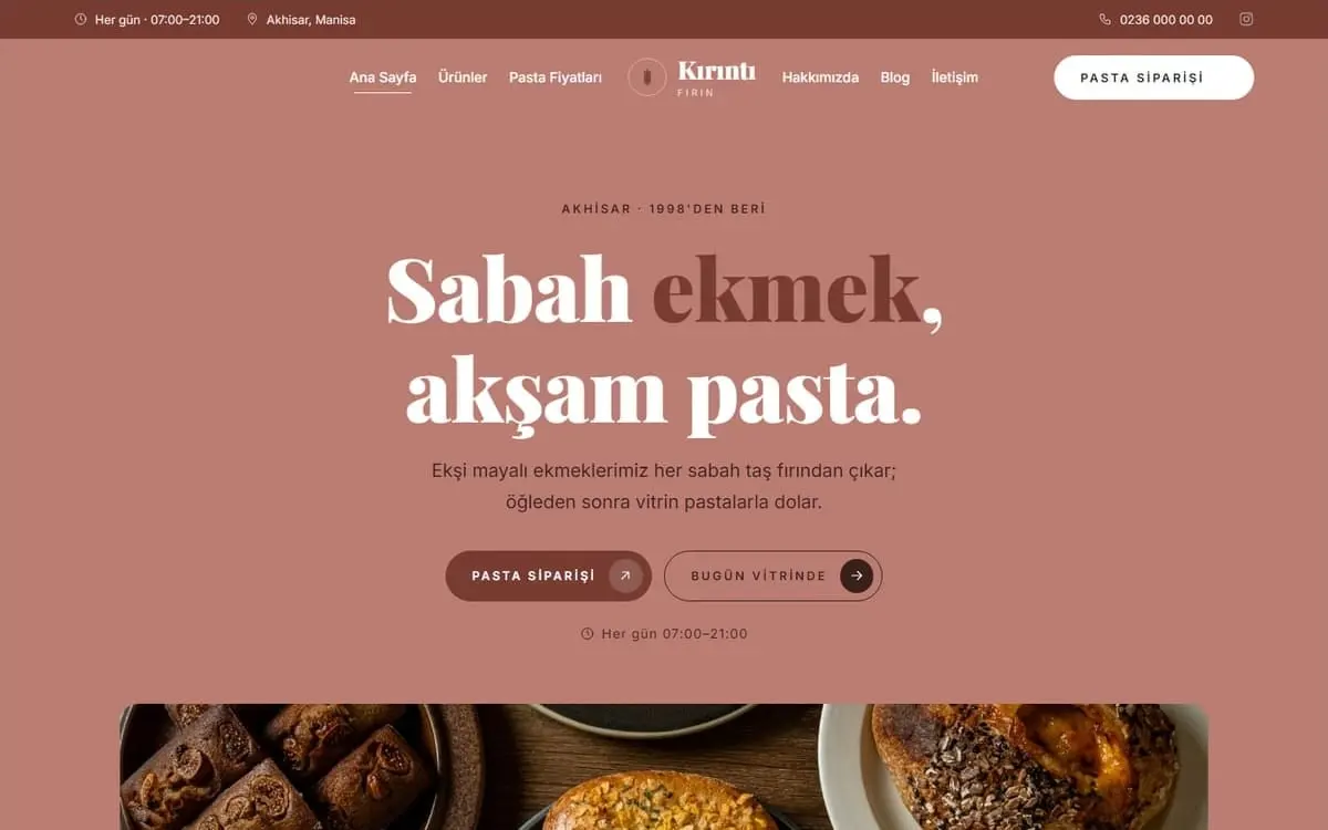 Kırıntı Fırın konsept web sitesi, bilgisayar görünümü