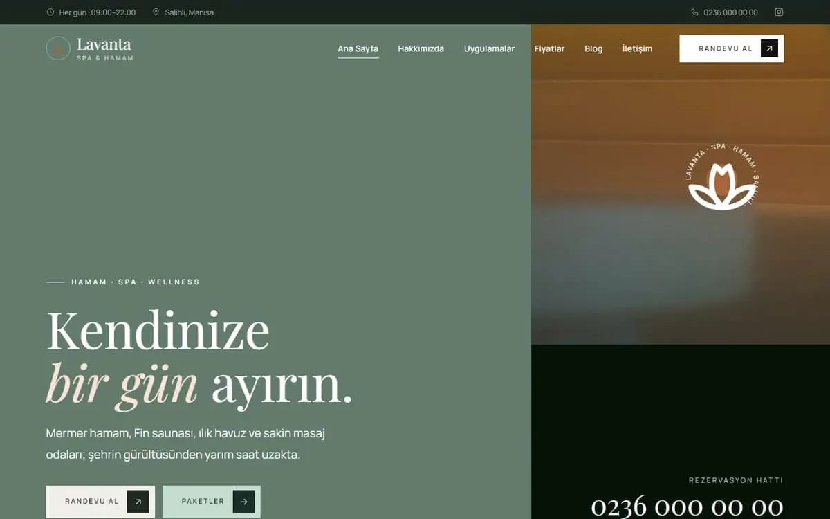 Lavanta Spa (Salihli) konsept spa ve hamam web sitesinin açılış ekranı