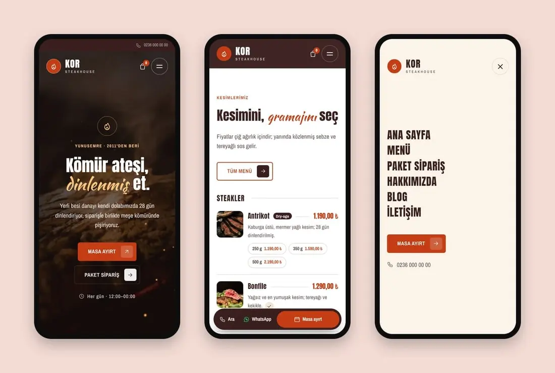 Kor Steakhouse (Yunusemre) konsept sitesinin telefondaki hâli