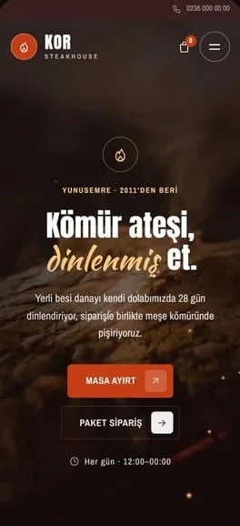 Steakhouse için konsept web sitesi: Kor Steakhouse, telefon görünümü