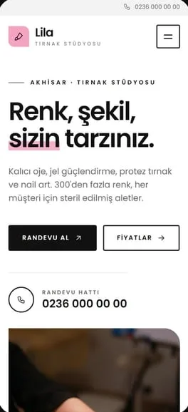 Tırnak stüdyosu için konsept web sitesi: Lila Tırnak, telefon görünümü