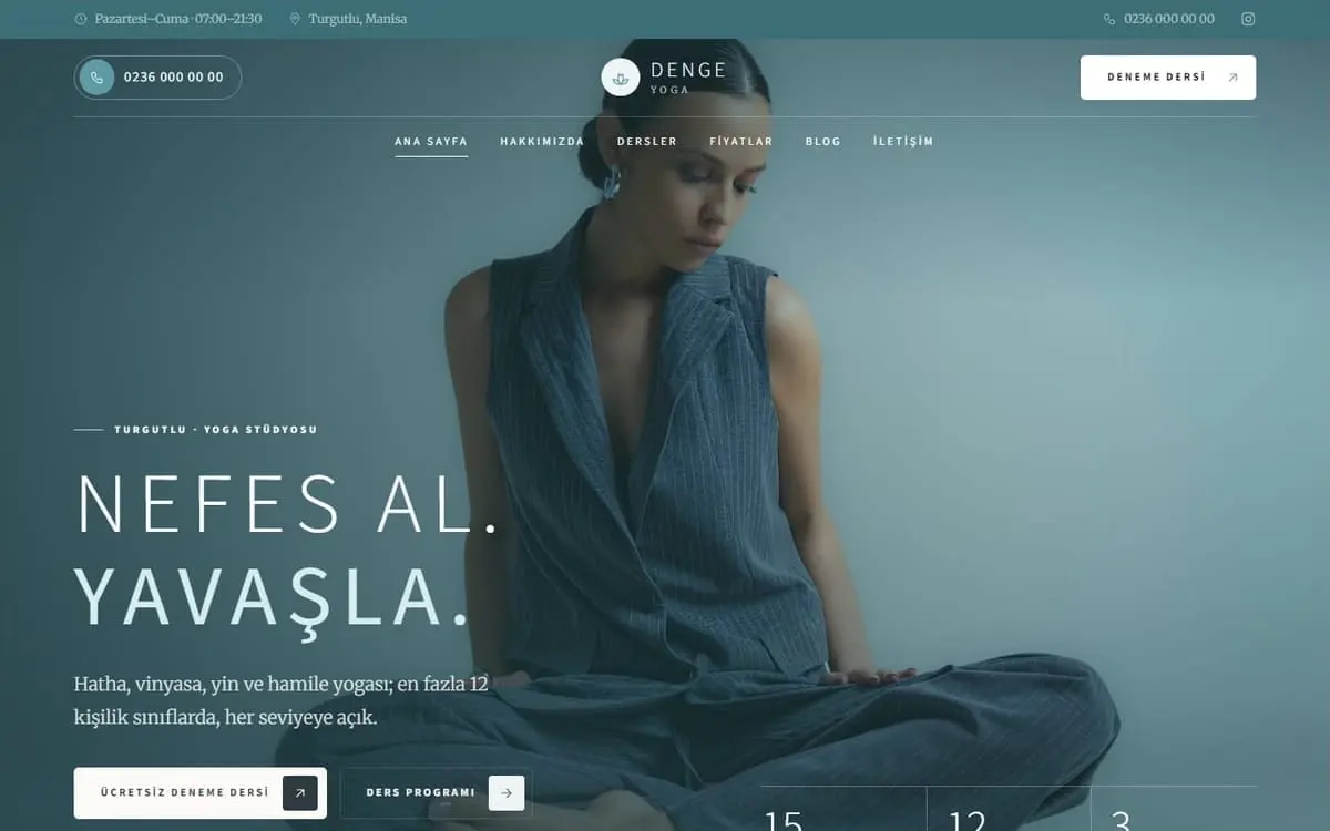 Denge Yoga (Turgutlu) konsept yoga stüdyosu web sitesinin açılış ekranı